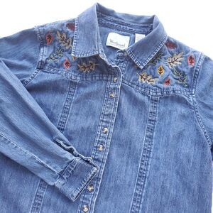 Vintage Embroidered Denim Shacket Womens M Blue Autumn Fall Leaves 90s Button Up